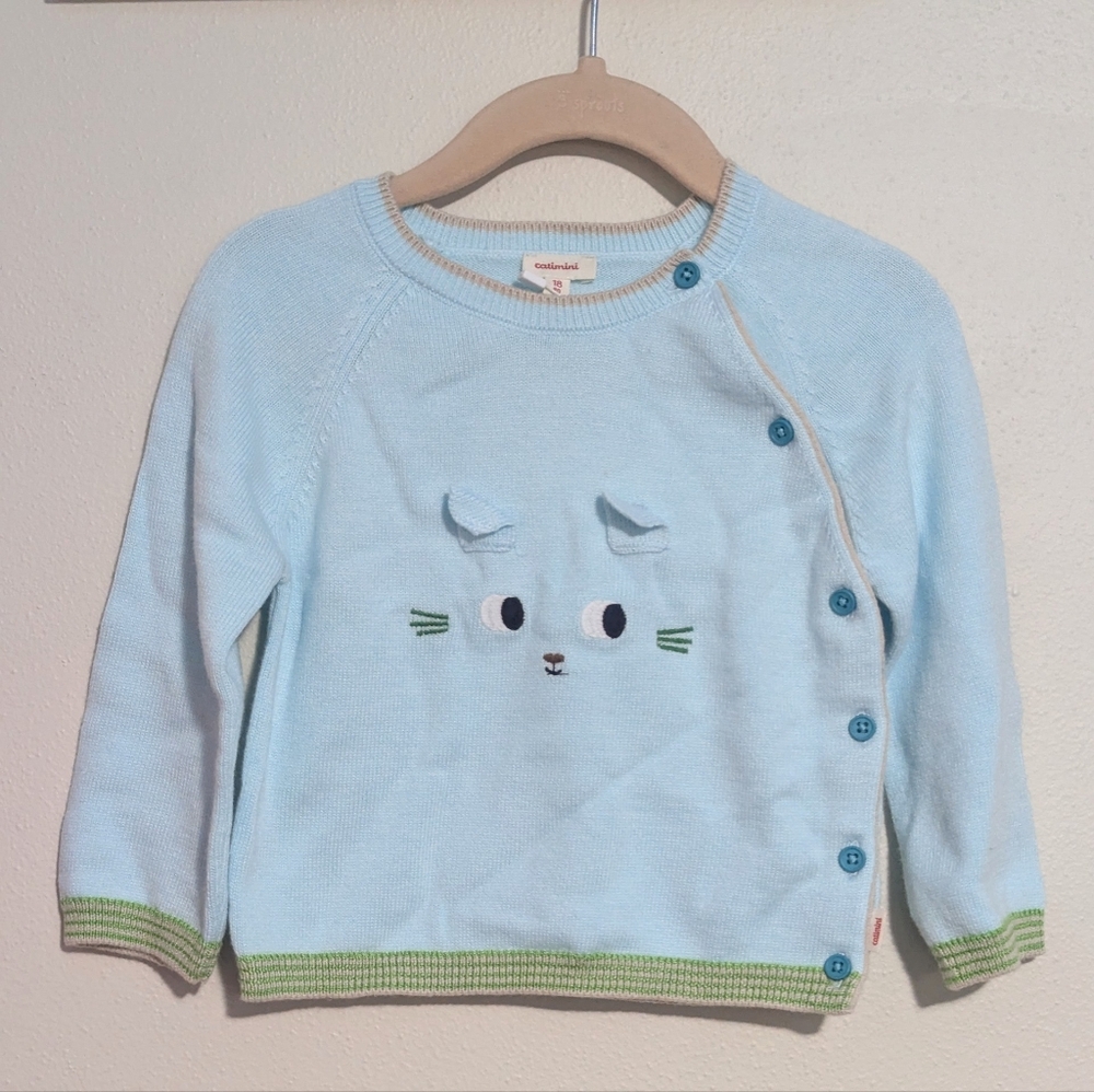 Catimini Pastel Blue Cat Face Knit Sweater 18 Months